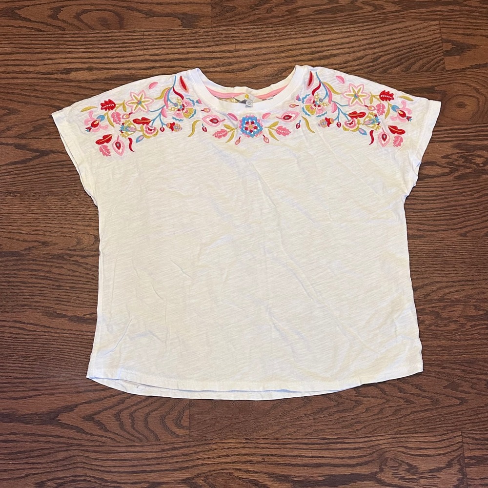 Boden White Floral Embroidered Cotton Slub Tee Top US 6 J0884